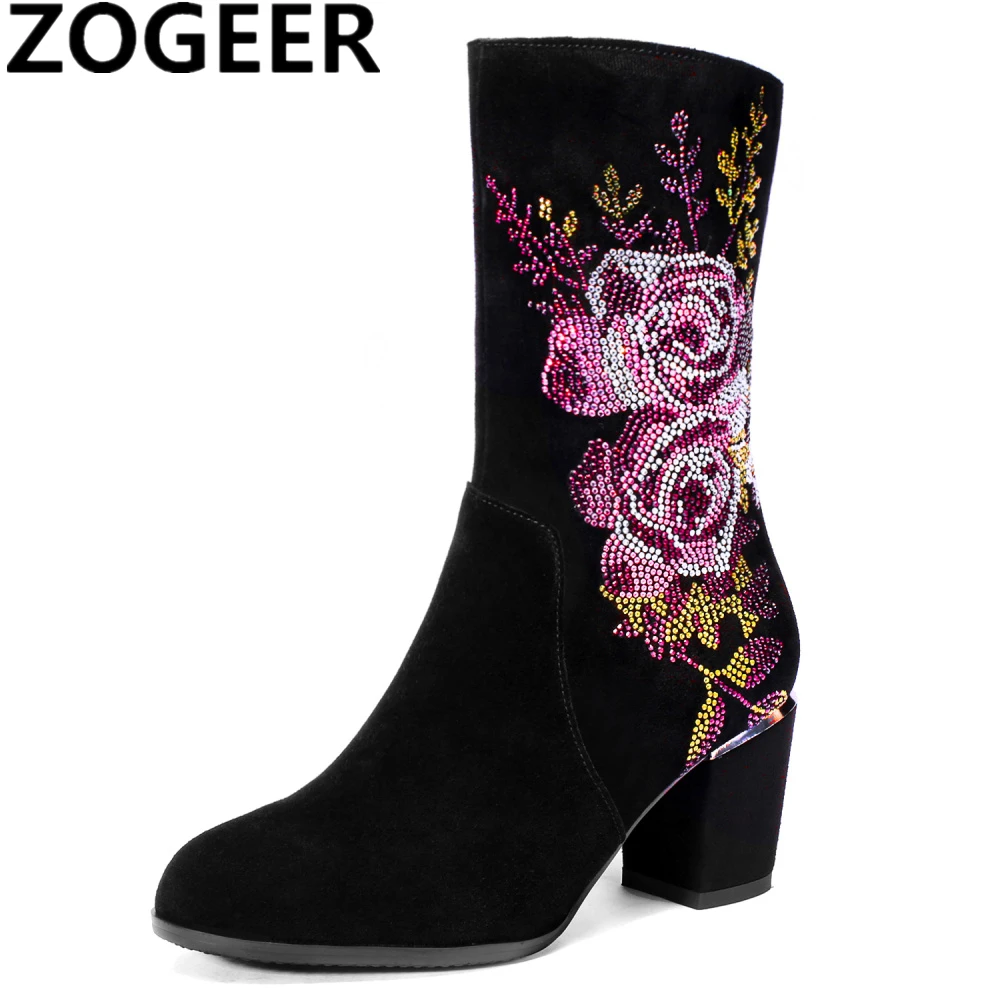 

Women's Ankle Boots Genuine Suede Leather Embroidery Flower High Heel Autumn Brand Luxury Crystal Black Short Booties Shoes