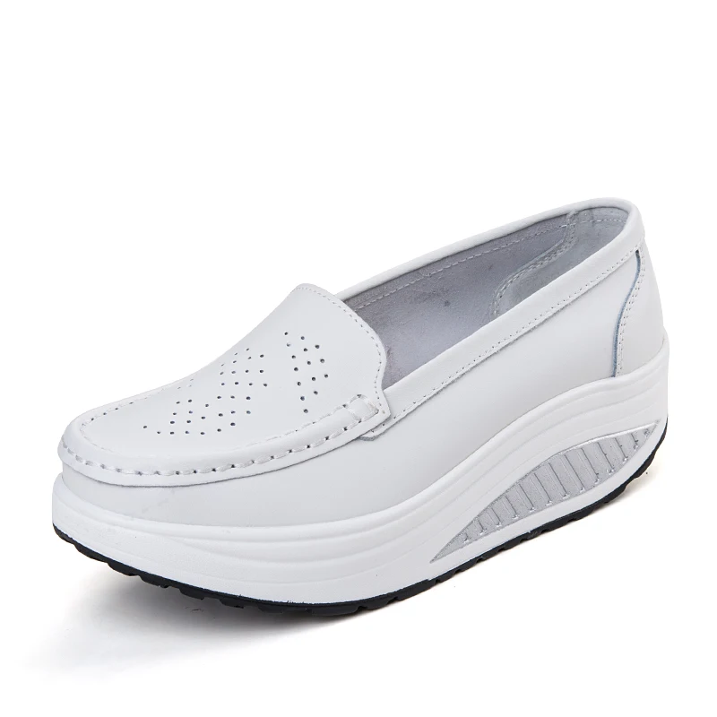 Летняя женская обувь из натуральной кожи; тонкие туфли для медсестры; женская обувь на танкетке со звездами; обувь на платформе; Цвет черный, белый; 096 - Цвет: 4