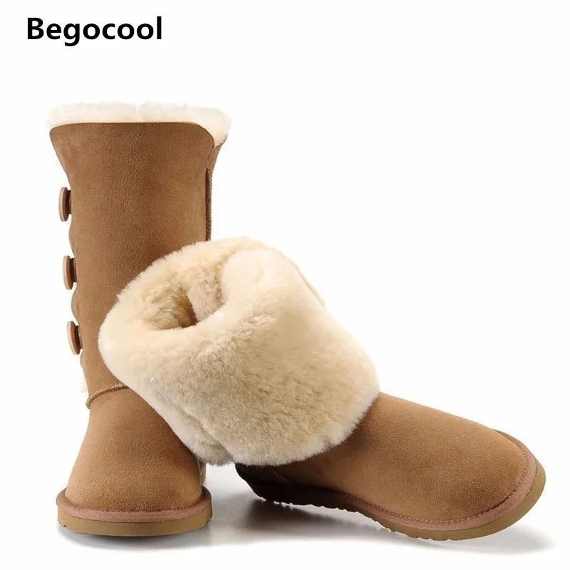 Begocool Classic Women Snow Boots Short Leather Winter Shoes Boot with Black Chestnut Gray Women's Fur Snow Boots Size US 4-13