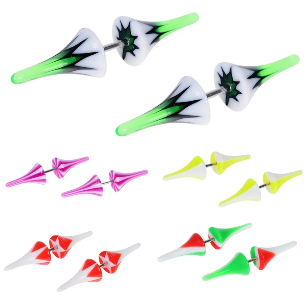 

2pcs=1 Pair Multicolor Acrylic Double-Cone Fake Auricle 18G Stainless Steel Ear Puncture Plugs Body Piercing Jewelry