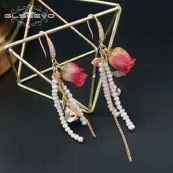 GLSEEVO натуральный пресноводный жемчуг действительно серьги-подвески в форме цветка с длинной бахромой серьги для Для женщин Fine Jewelry GE0489