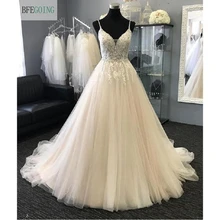 Слоновой кости кружева Аппликации Тюль Бисероплетение v-образным вырезом Спагетти ремни A-Line длиной до пола Свадебные платья на шнуровке