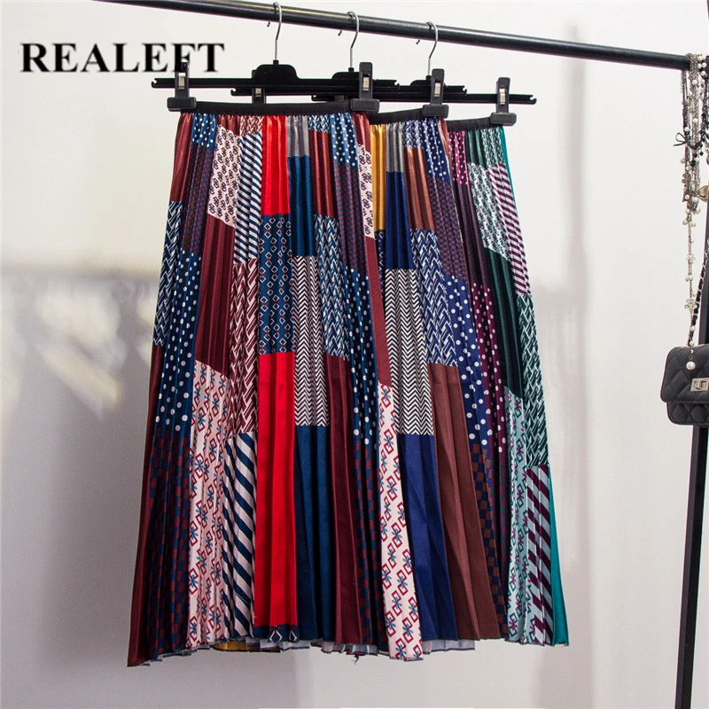 

REALEFT Spring Summer Women Fashion Pleated Midi Skirt High Waist Color Patchwork Empire Harajuku Tulle A-Line Skirts for Womens