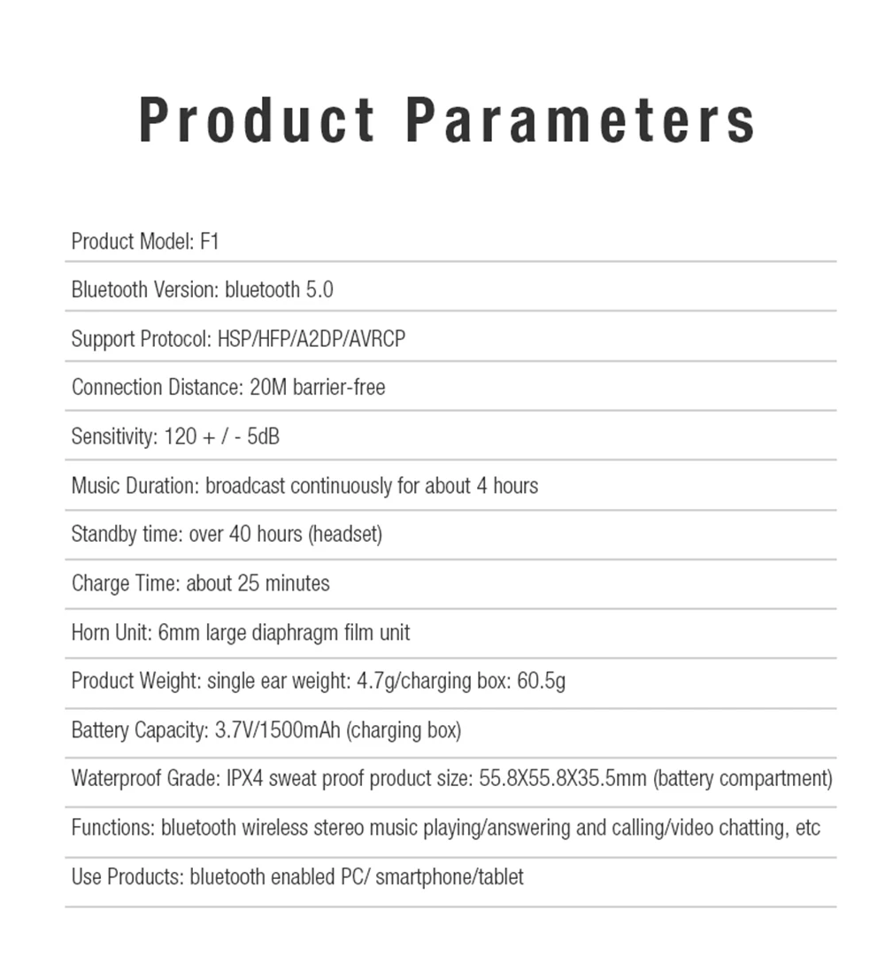 F1-TWS Bluetooth наушники 5,0 спортивные водонепроницаемые шумоподавление Android беспроводные наушники с зарядной коробкой стерео наушники мини