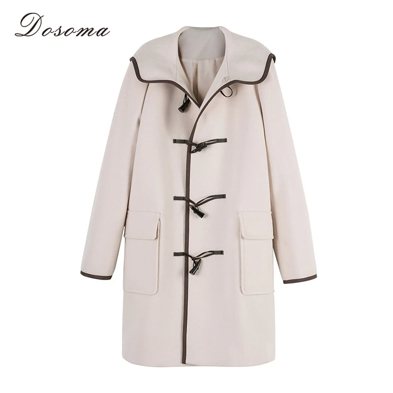 DOSOMA New Winter horns button trench coat fashion OL ladies long sleeve hooded wool overcoat