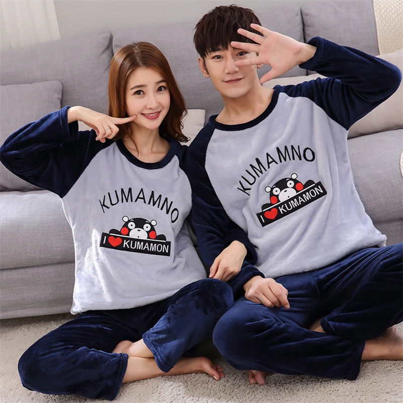 Модный зимний Пижамный комплект для мужчин и женщин, ночная фланелевая Домашняя одежда с длинными рукавами и рисунком для влюбленных пар, одинаковые пижамы для взрослых