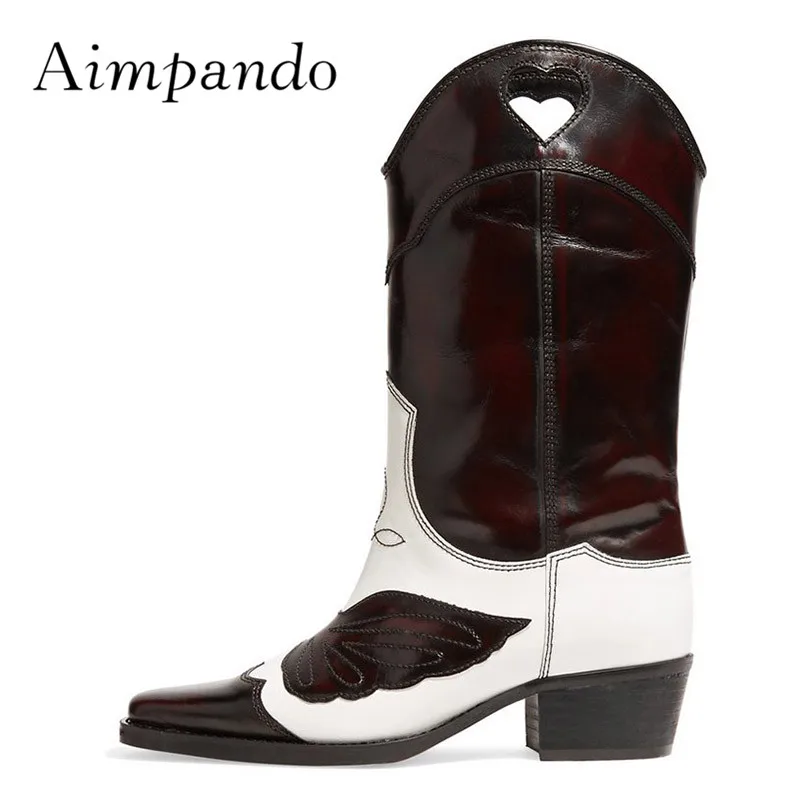 

2020 Retro Real Leather Ankle Boots Woman Pointed Toe Embroidery Mixed Color Low Heel Boots Women Cowboy Boots Femme
