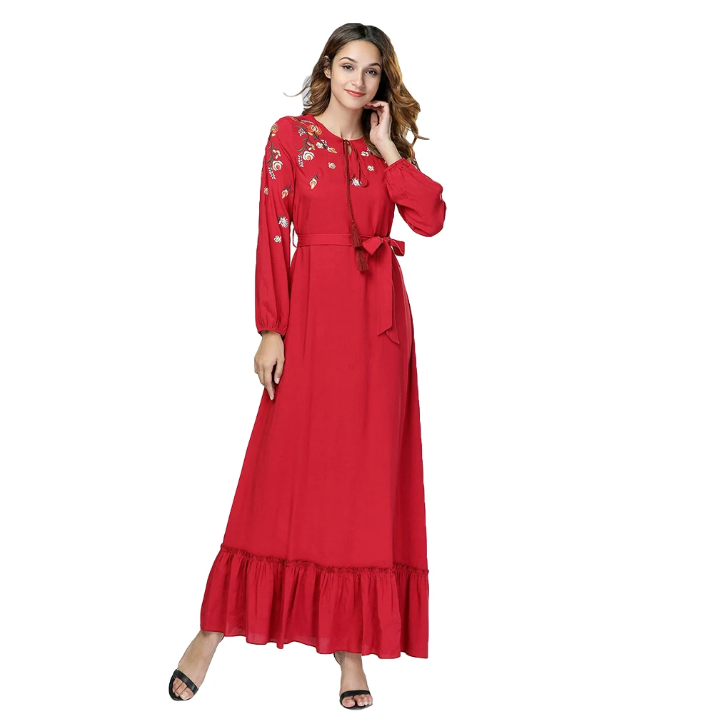 Женское платье Abaya с завязками Драпированное мусульманское ОАЭ Дубаи вышивкой