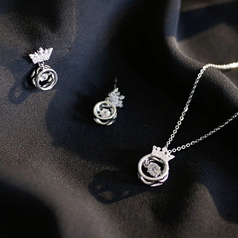 Настоящее серебро пробы S925, ожерелье, подвеска, серьги, вращающиеся, циркон, Гламурная Корона, Женские Ювелирные изделия, подарок на праздник