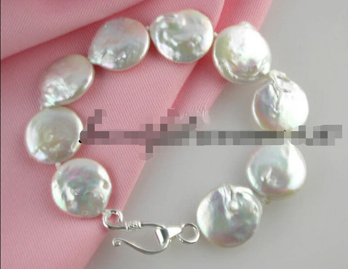 

hot sale FREE SHIPPING z1741 8" 15mm coin white fw pearl bracelet bangle 925silver Natural >>free shipping