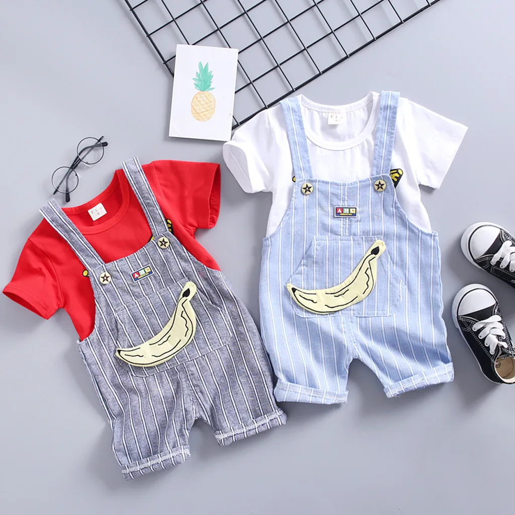 Summer Kids Baby Girl kid boy clothing set Cartton Print Tops T Shirt Overall Striped Pants Outfits Bebek giyim infantil #EW | Детская