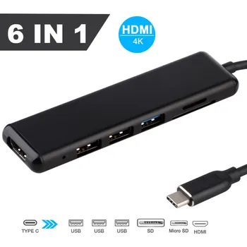 

USB C Adapter Hub USB C HUB 6-in-1 4K HDMI USB3.0 USB2.0 SD/Micro SD Card Type C Adapter for MacBook Pro for Huawei P20 Pro