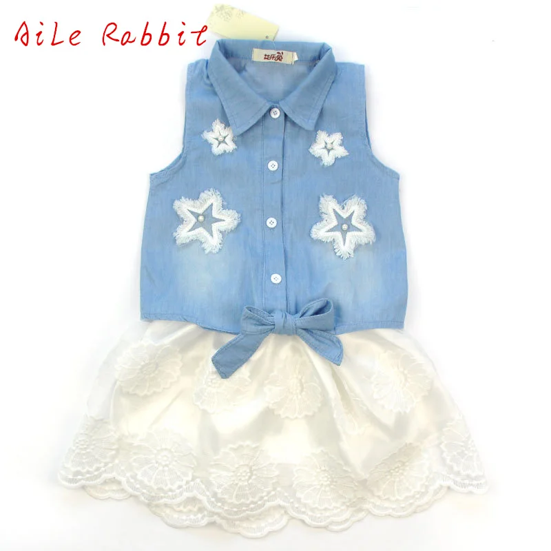 Children's Denim High Quality Girls Clothing Summer Suit T shirt Short Skirt Sleeveless Denim