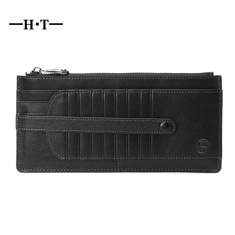 

HT Long Design Card Holder Genuine Cow Leather ID Cards Cases Men Wallet Money Pockets Male Wallets Large Capacity Card Case