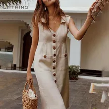 LITTHING, летние женские платья, модное платье в горошек в стиле бохо, женское платье с отложным воротником и v-образным вырезом, платье с карманами на пуговицах, Vestidos