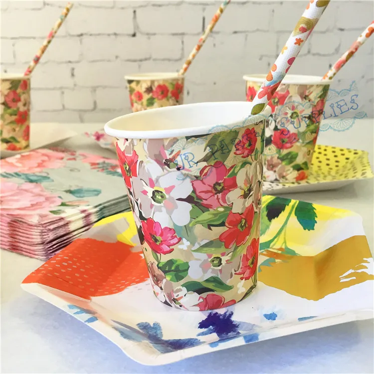 24 sets blush pink flower party supplies tableware paper plates cups flower paper plates and napkins