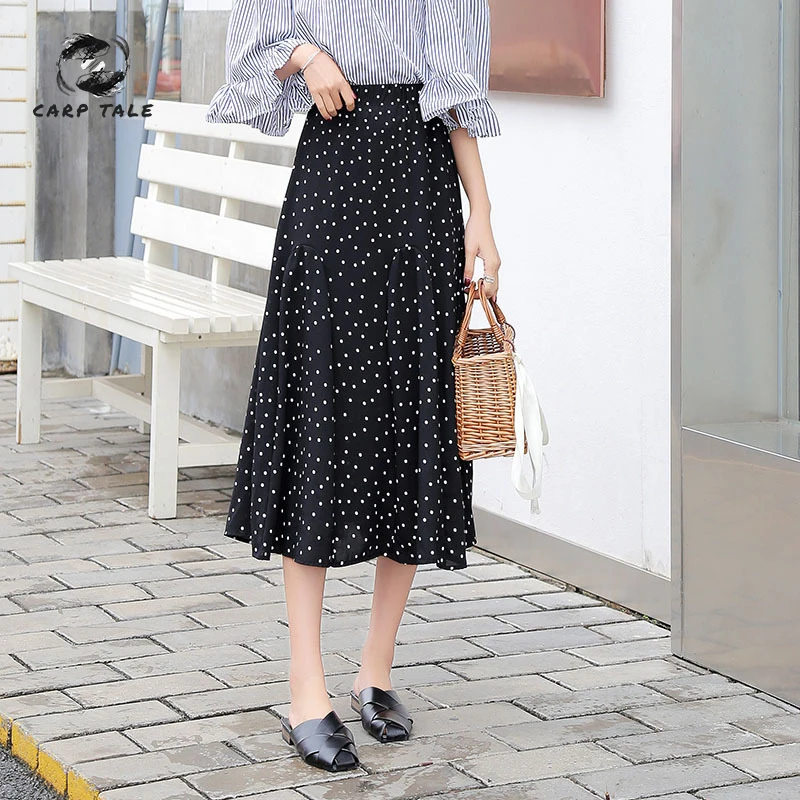 

2019 spring and summer new Korean version of the ins super fire wild wave point chiffon skirt female long section fishtail skirt