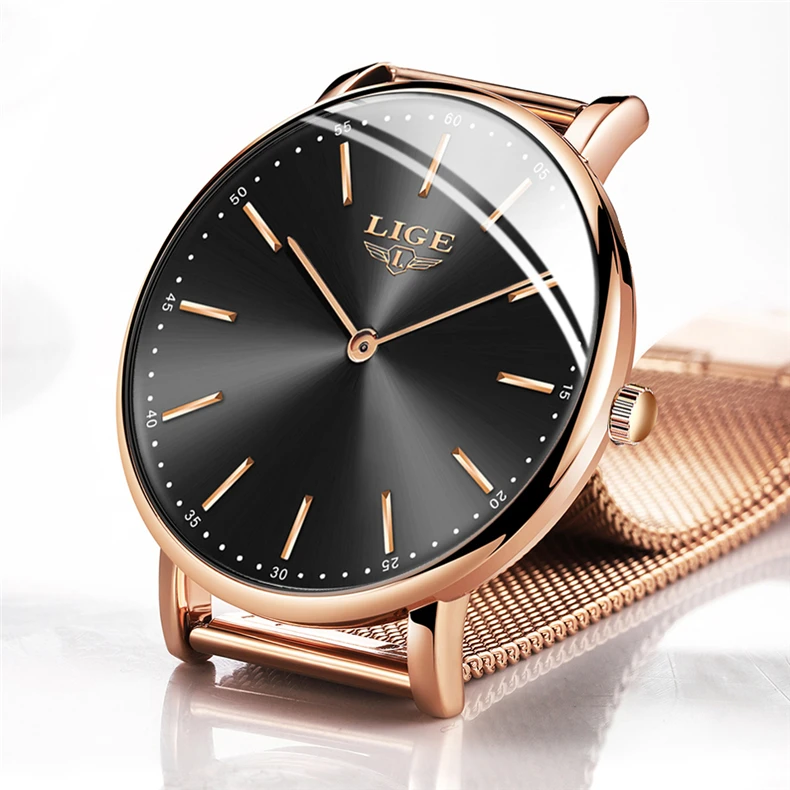 LIGE ультра тонкие женские часы брендовые роскошные женские часы водонепроницаемые розовое золото из нержавеющей стали Кварцевые наручные часы женские montre femme