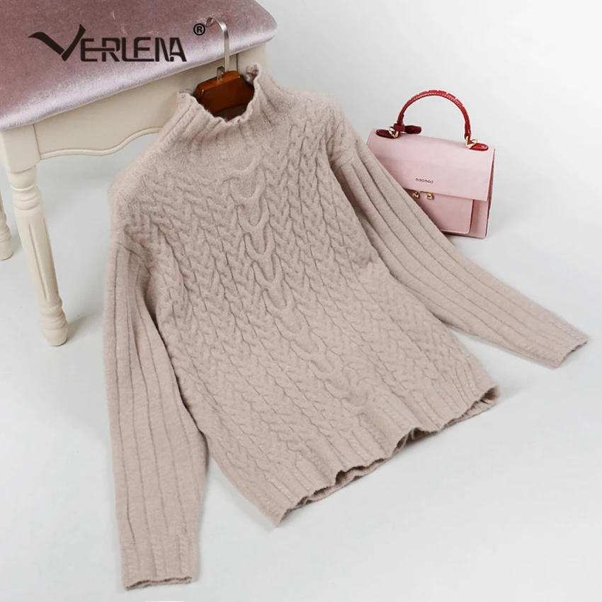 Funnel Collar Cable Pattern Solid Vintage Jumper Sweater Women Long Sleeve Turtleneck Streetwear Thick Pullover VERLENA New 2019 | Женская