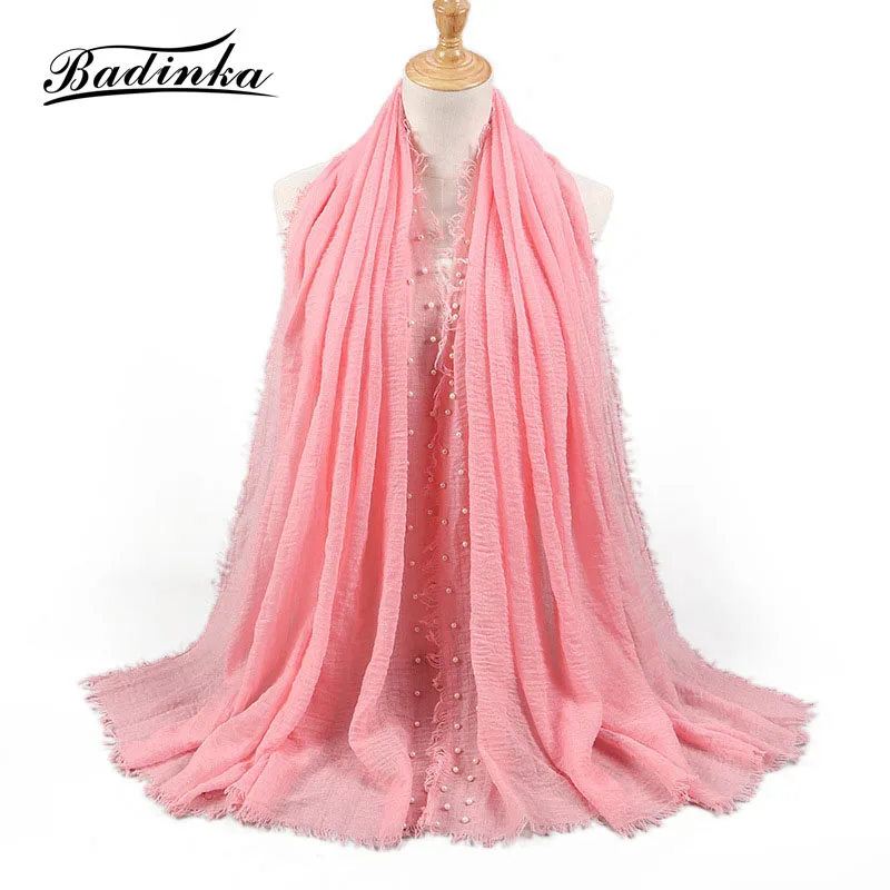 

Badinka 2019 New Plain Crinkle Cotton Jersey Pearl Hijab Scarf Women Solid Color Wrinkle Hair Head Scarves Bandana Foulard
