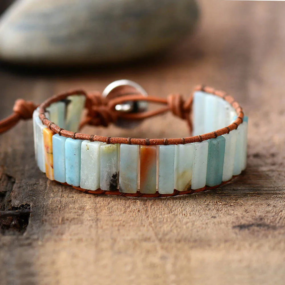 

New Bohemia Bracelet Amazonite Single Vintage Leather Wrap Bracelet Semi Precious Stone Beaded Cuff Bracelet Dropshipping