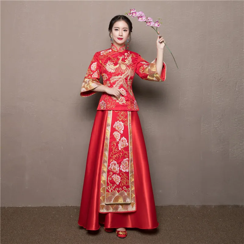 Китайское традиционное платье свадебное Ципао красное с длинным рукавом Cheongsam