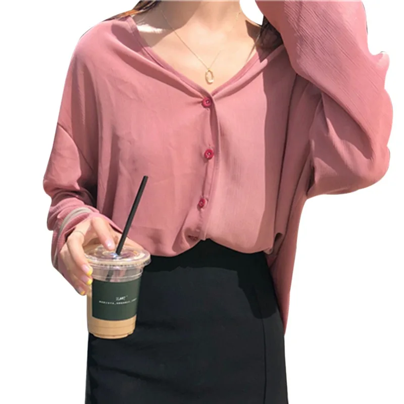 

E Fashion Korean Women's Casual V Neck Button Up Long Sleeve Solid Blouse Casual women's shirt blusas harajuku