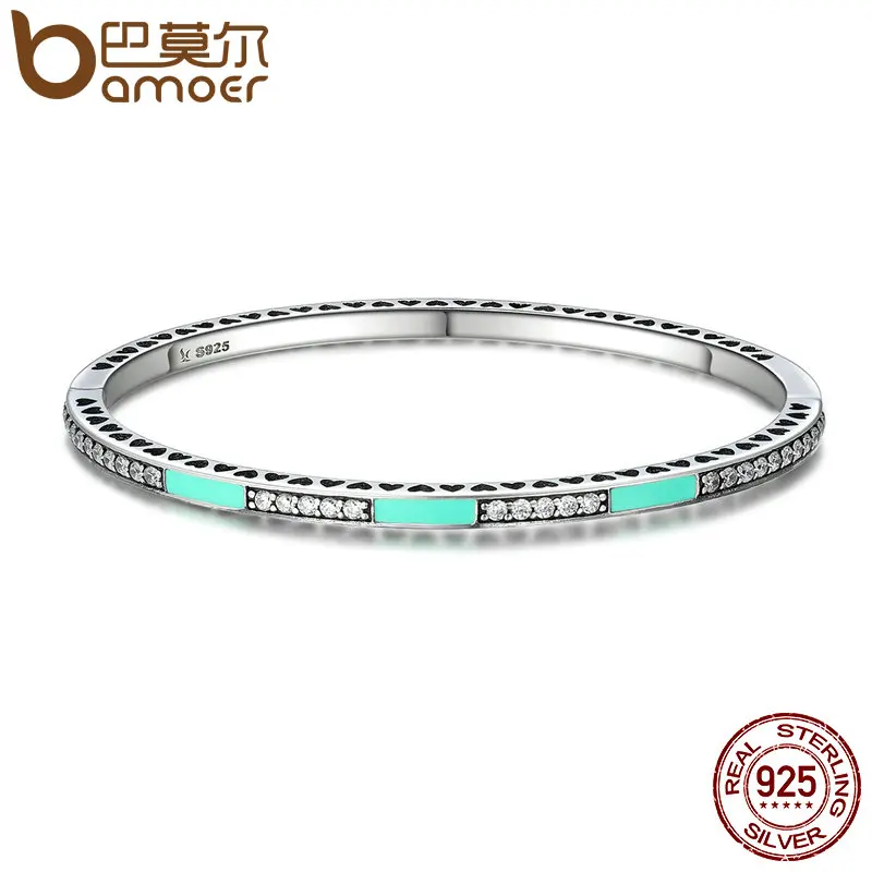 

BAMOER Authentic 100% 925 Sterling Silver Radiant Hearts, Light Green Enamel & Clear CZ Bangle & Bracelet Luxury Jewelry SCB016