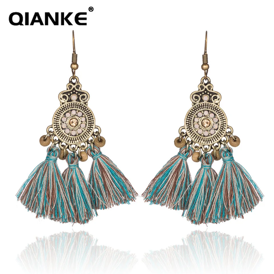 QIANKE Bohemian Big Fabric Tassel Drop Earrings for Women Boho Retro Bead Statement Dangle Earring Fashion Jewelry Wholesale | Украшения и