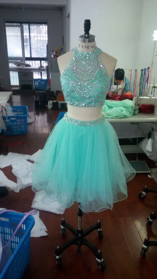 2016 Lovely Short Two Piece Homecoming font b Dresses b font Beaded Halter Tulle Party font