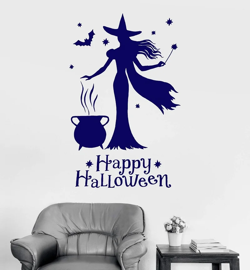 

Vinyl wall applique Happy Halloween witch magic witchcraft stickers home living room holiday wall stickers decoration WSJ22