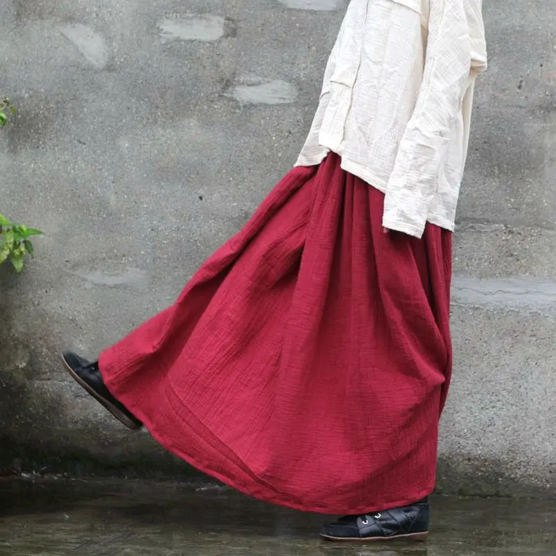 

Johnature 2019 Women Skirts New Original Cotton Autumn Floor Length Pleated Solid Casual Maxi Skirts Vintage Linen Elastic Waist