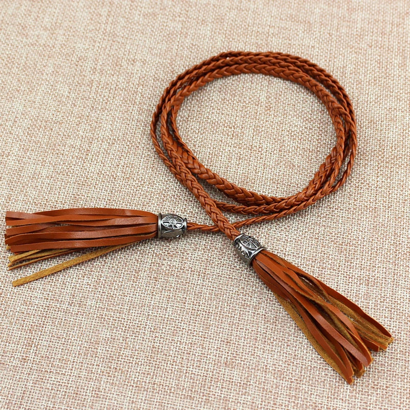 2019 Women Braided PU Leather Tassel Belt Ladies Thin Waist Rope Belts