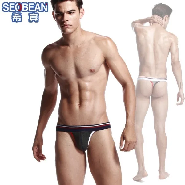 

Free shipping SEOBEAN Men's thong G-string T-back underwear Cotton Comfy Gray Size S M L XL