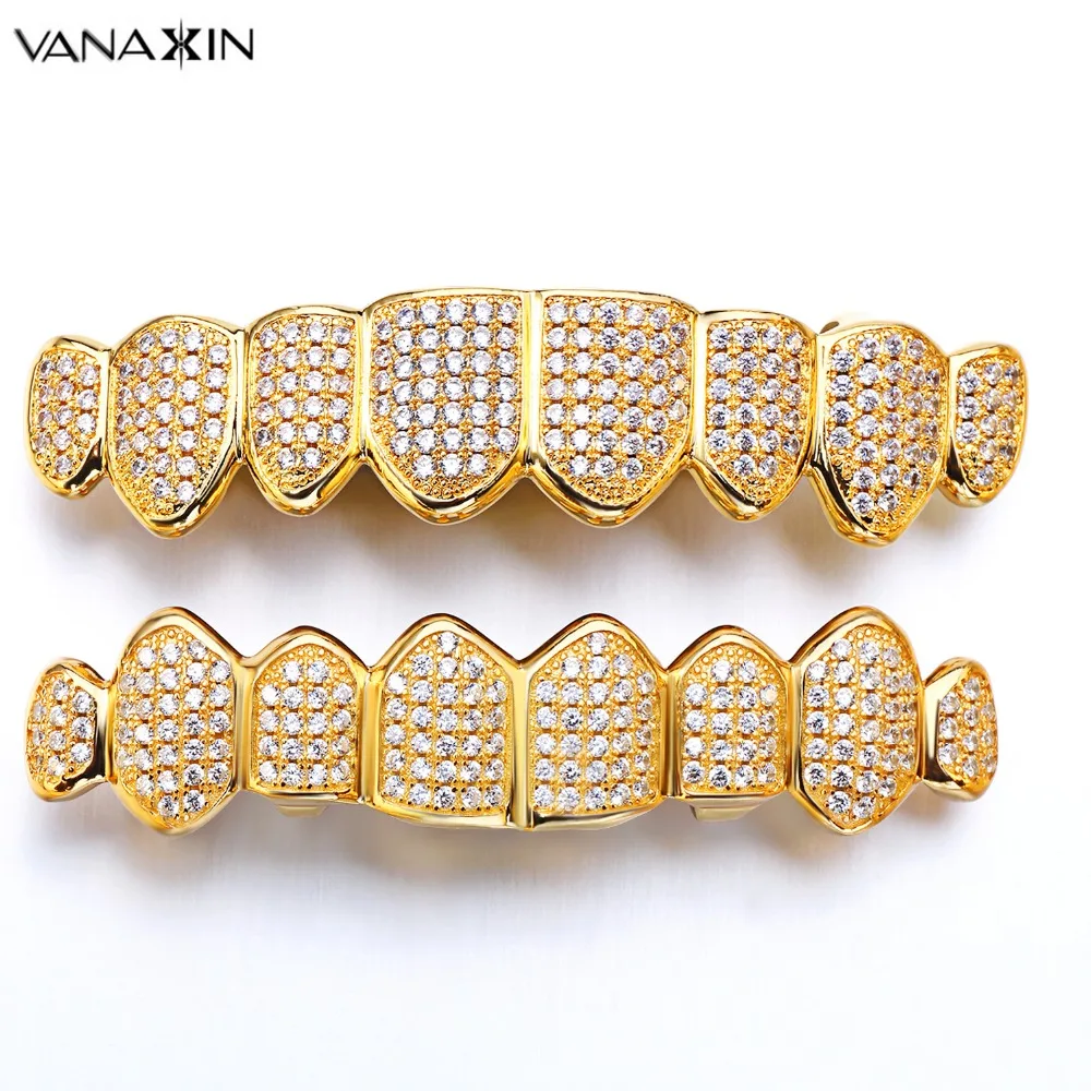 

VANAXIN Teeth Grillz Top & Bottom Grills Dental Mouth Punk Teeth Caps Cosplay Party Rapper Iced Jewelry Box Gold/Silver Color
