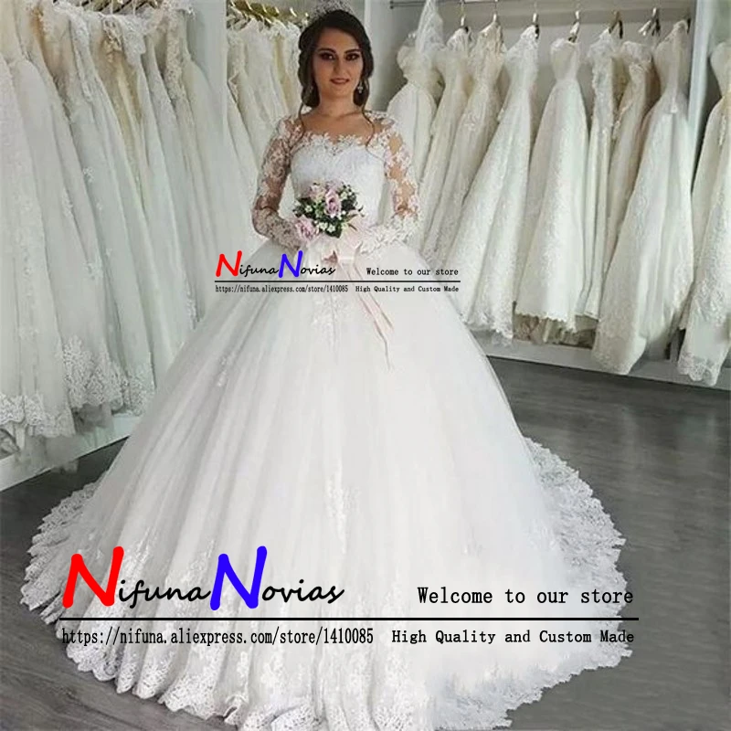 

Vestidos De Noiva 2019 Elegant Ball Gown Long Sleeve Wedding Dress White Tulle Appliques Princess Lace Wedding Gowns Mariage