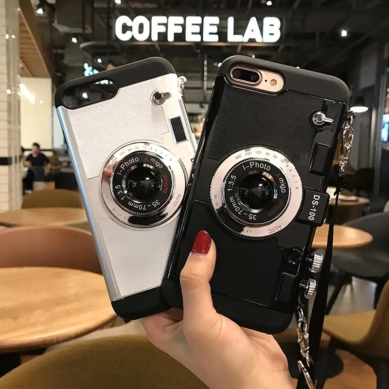 

3D Retro Camera Phone Cases For iphone 8 plus Case with strap 6 7 8 plus X XR XS MAX With Lanyard Hard PC Shockproof Back Cover