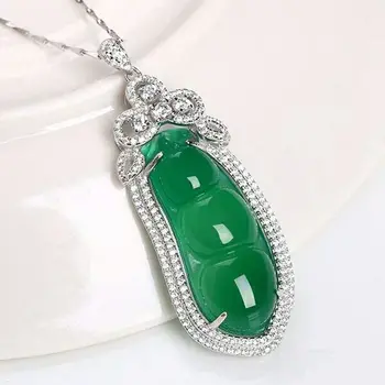 

Natural Chalcedony Agate Sterling Silver 925 Inlaid Green Beans Pendants Exquisite Jewelry Wholesale
