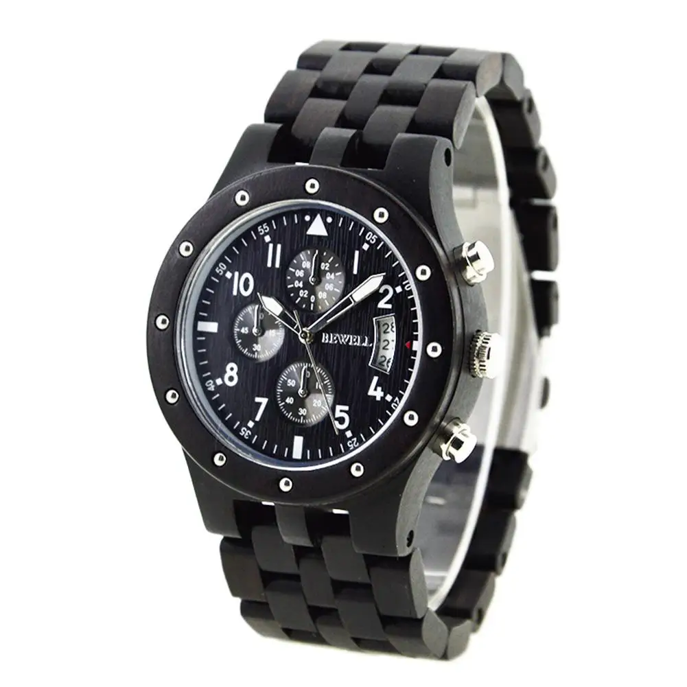 

BEWELL Men Watches Luminous 6-Pointer Wooden Watch with Calendar Stylish Quartz Wristwatch Ornament Gift For Male New