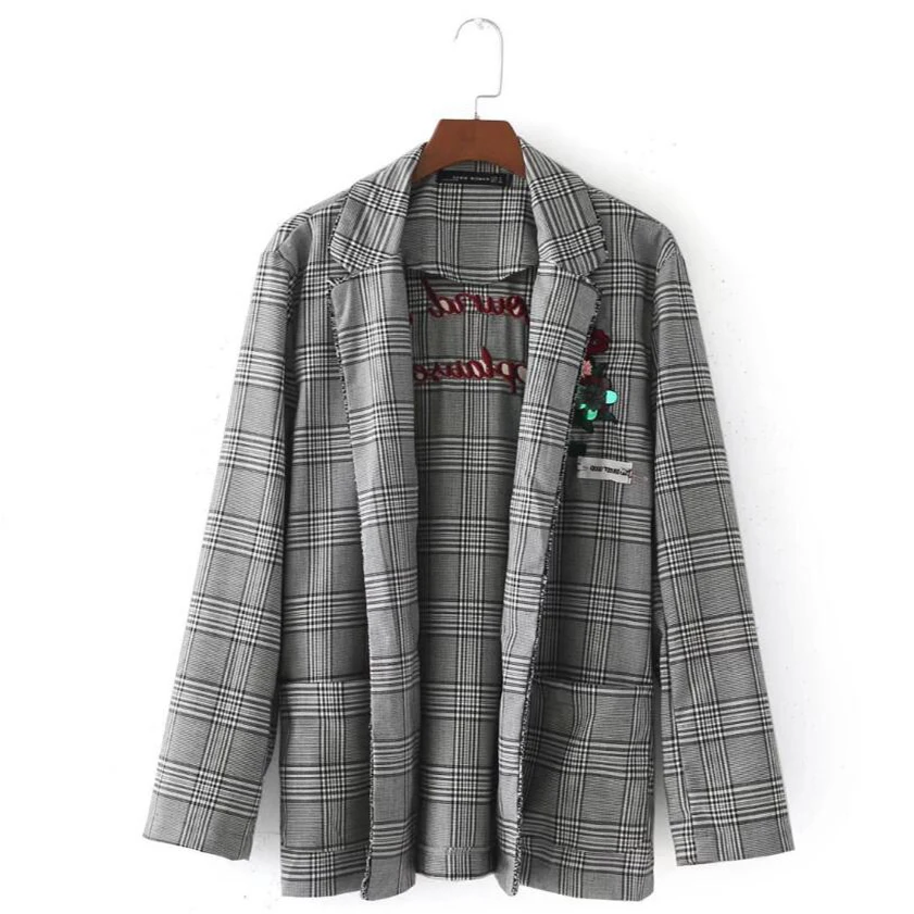 Autumn Blazer For Women Full Sleeve Embroidery Top Jacket Female Plaid