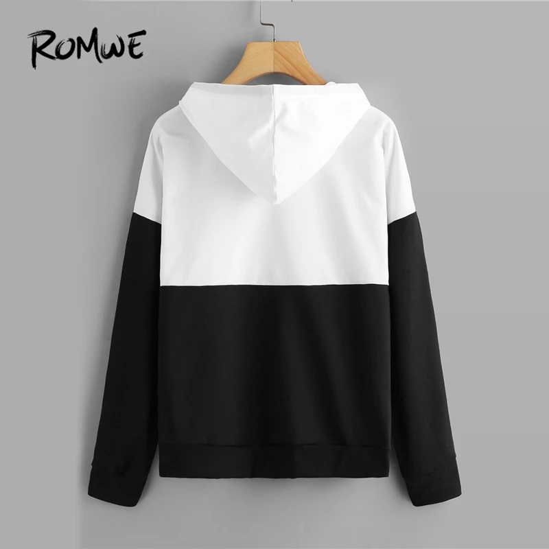  ROMWE Black And White Letter Hooded Sweatshirt Women Casual Autumn Long Sleeve Clothing Ladies Spri