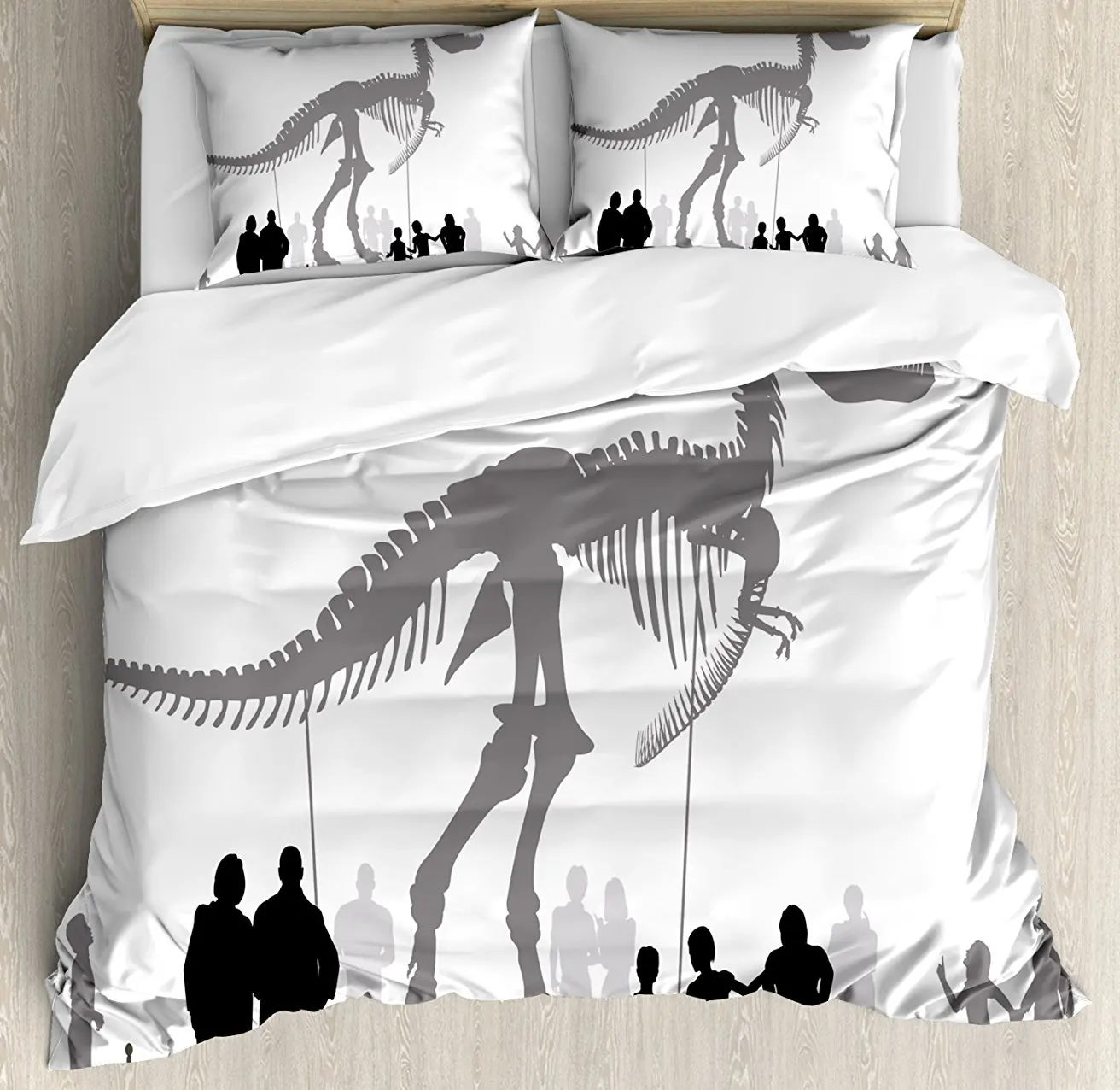 

Dinosaur Duvet Cover Set, Silhouettes of People Looking at a Tyrannosaurus Rex Skeleton in a Museum, 4 Piece Bedding Set