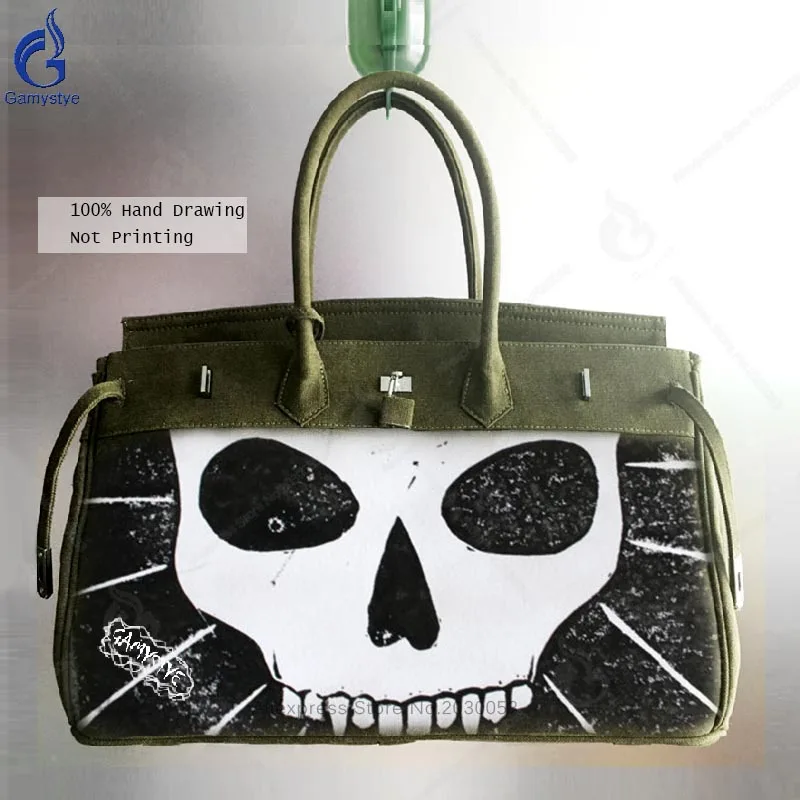 

Army Green Crossbody Bag Men Messenger Bags Canvas Shoulder Bag Hand Painted Graffiti Skull School Totes Male Lock Hasp Handbags