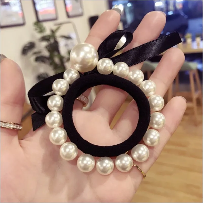 

2019New high-end boutique hair accessories women's pearl beaded ribbon bow high-elastic fashion hair band hair rope rubber band