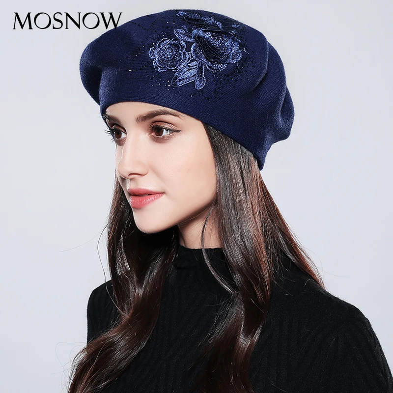 Online Boina elegante con diamantes de imitación de flores para mujer 2019 nuevo Otoño Invierno lana de conejo de punto de alta calidad gorras de mujer # MZ740