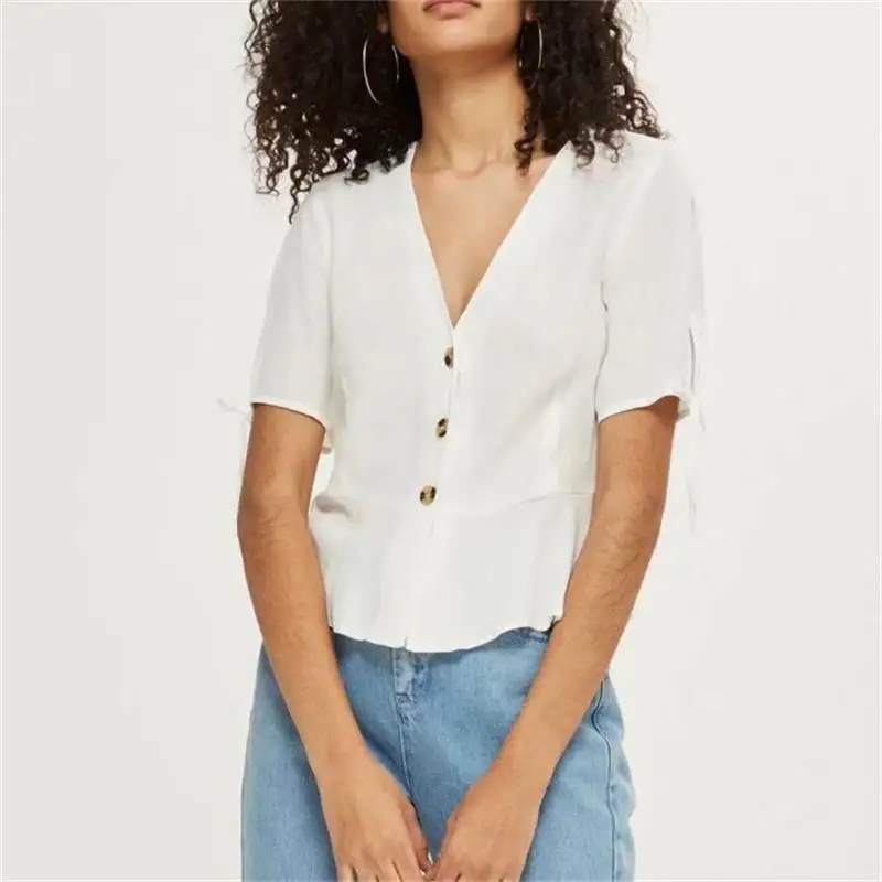 

2019 Summer Blouse Short Sleeve Split V neck Shirt White Ruffles Chiffon Casual Women Tops Female blusas M060