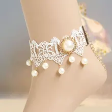 Handmade Womens Gothic Tassel Gold Faux Pearl Drop Floral White Lace Ankle Anklet Metal Bracelet Sandals Barefoot Lolita Bridal