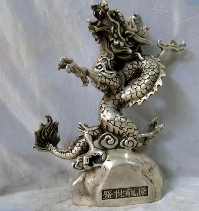 Scultura D'Argento Cina Intagliata Bellissime Creature Mitiche Totem Dragon Statue