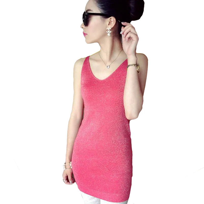 2017 Summer Bright Silver Silk Knitting Sexy Women Top Vest Sleeveless Long Section Candy Colors V