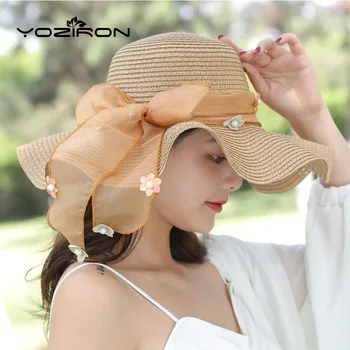 

Solid Women Straw Hat With Ribbon Tie Flower Pearl Decorate Women Summer Sun Visor Hat Casual Adult Khaki Ladies Beach Caps